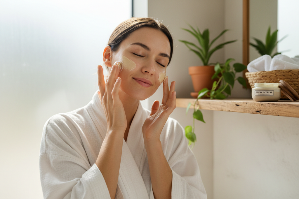 Woman applying natural tallow honey balm showing glowing healthy skin