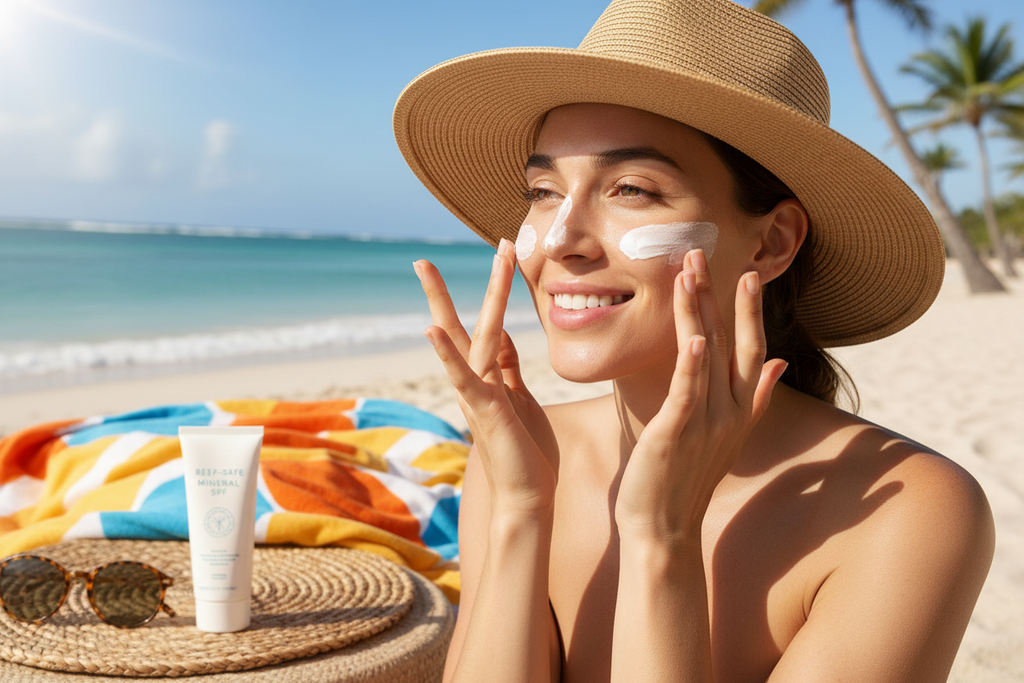 Woman applying natural mineral sunscreen at the beach, reef-safe sun protection