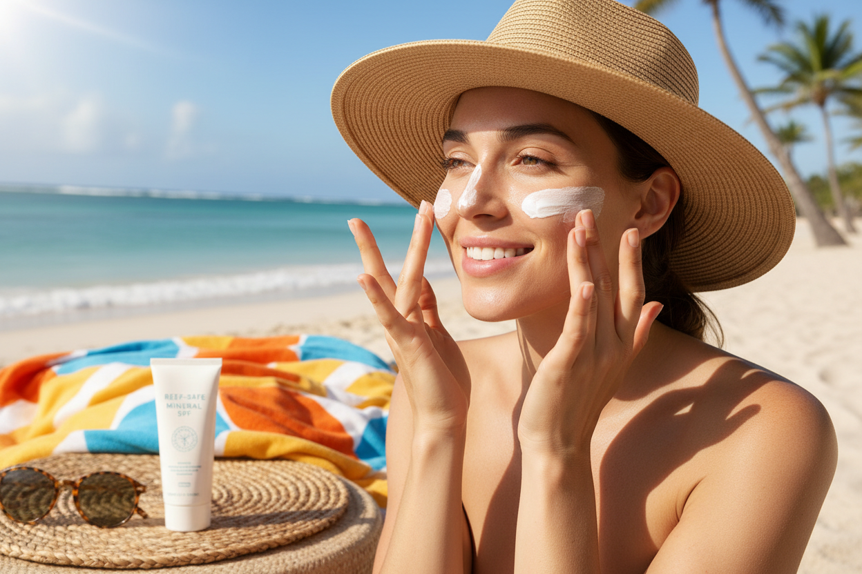 Woman applying natural mineral sunscreen at the beach, reef-safe sun protection